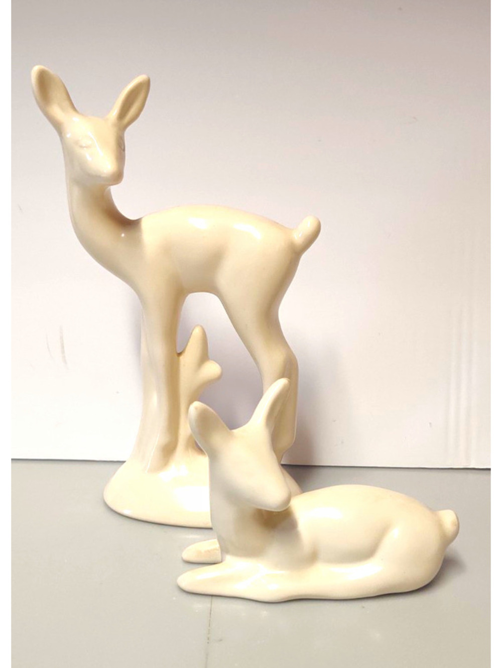 Vintage Holiday Wares White Ceramic Deer Figurines Pair Standing Laying Doe